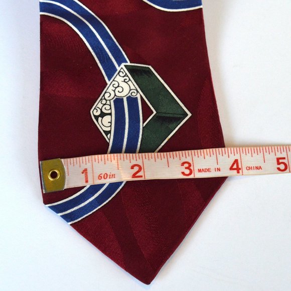 Vintage Bugatti 100% Silk Necktie - Burgundy with Blue/Green/White Geometric - Picture 3 of 8